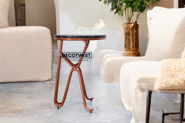 Modern Powder-Coated Iron Side Table with White Marble Top
