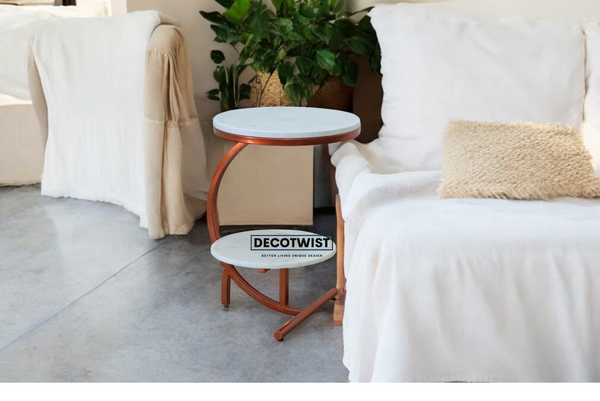 Designer Iron Side Table with White Marble Top | 22 Inch Height | Rust-Free Powder Coated