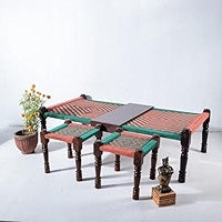 Traditional Handwoven Charpai Set with Wooden Stools  – Indian Khatiya for Home Décor & Relaxation