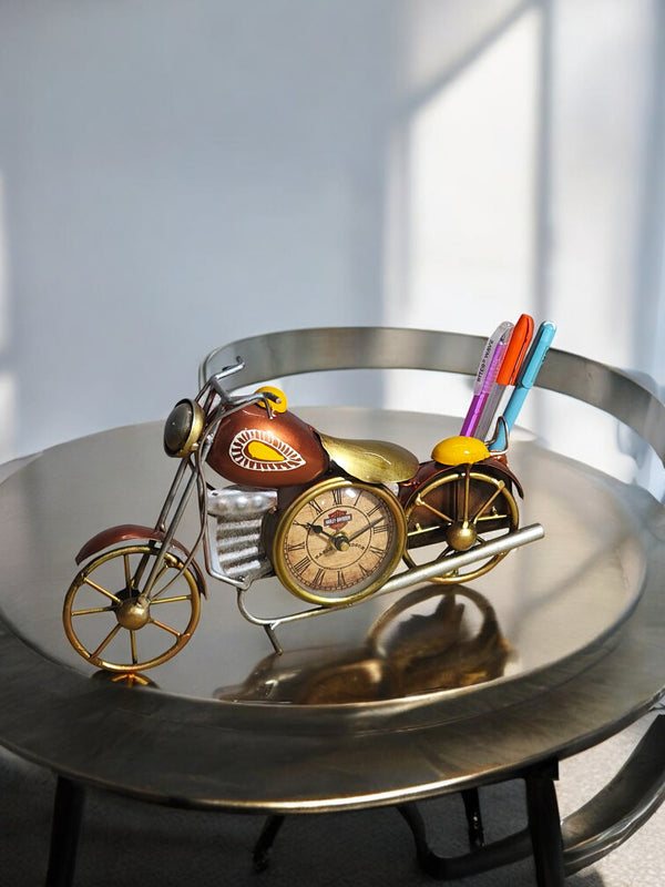 Vintage Metal Motorcycle with Clock & Pen Holder