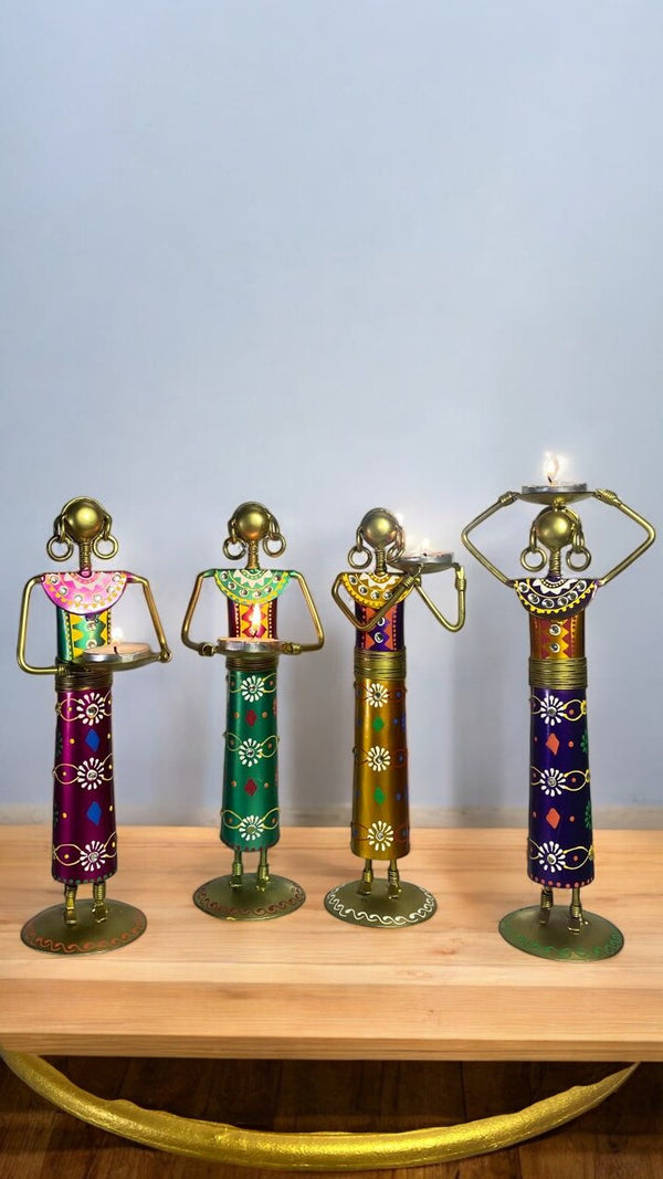 Indian Folk Art Iron Figurine Candlestick Holders