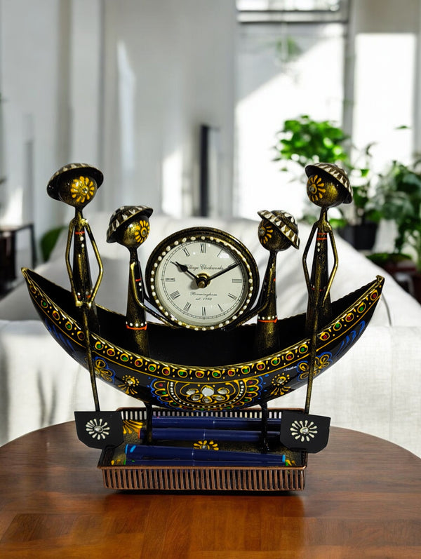 Handcrafted Metal Boat Showpiece with Clock & Pen Holder