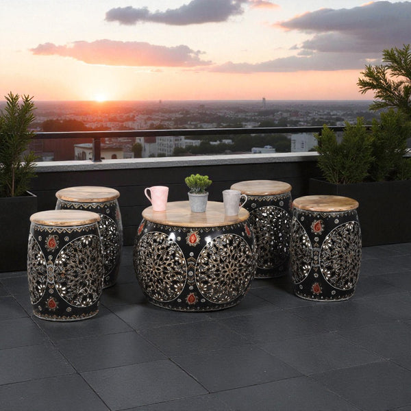 Handmade Multicolor Painted Metal & Wood Table Set of 5 | Table with 4 Stools |