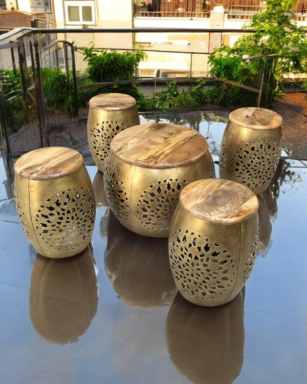 Handmade Metal & Wood Table Set of 5 |Coffee Table with 4 Stools |  Handicraft Furniture